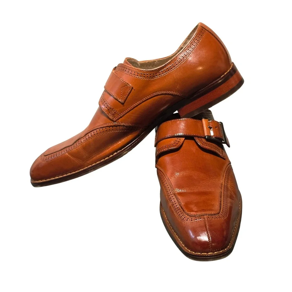 Stacy Adams Mens Cognac Leather Monk Strap Brogue Dress Shoes 25584-213‎ 9.5M